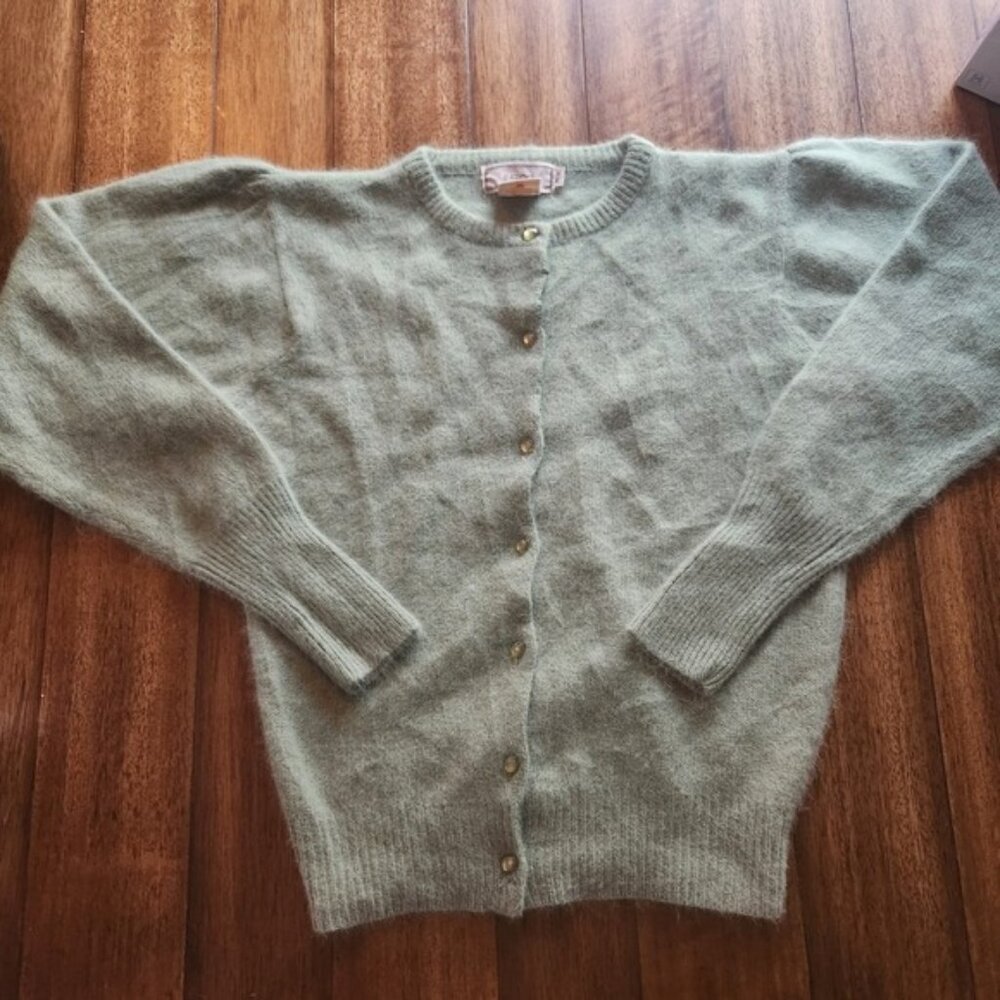 Eaton 90s Angora Rabbit Hair Blend Cardigan Sweater M/M Sage Green Button Front